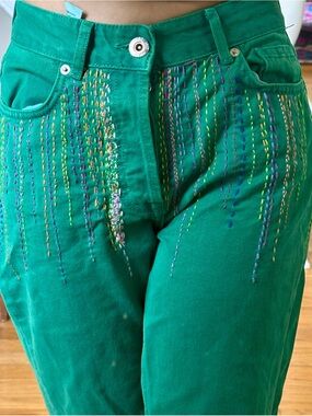 Zara Green Embroidered Denim Jeans